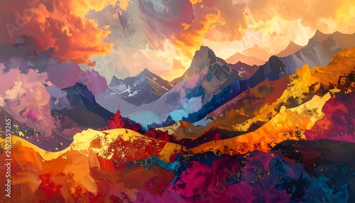 Vibrant colorful mountain landscape sunset scene.
