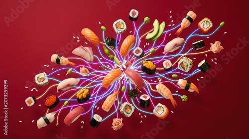 Vibrant sushi explosion a colorful display of sushi varieties and ingredients on a red background