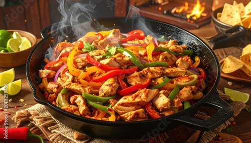 Sizzling Fajita Dish with Chicken and Vegetables.