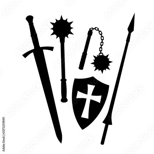 Foto Set of medieval knight battle weapons including sword mace flail shield lance