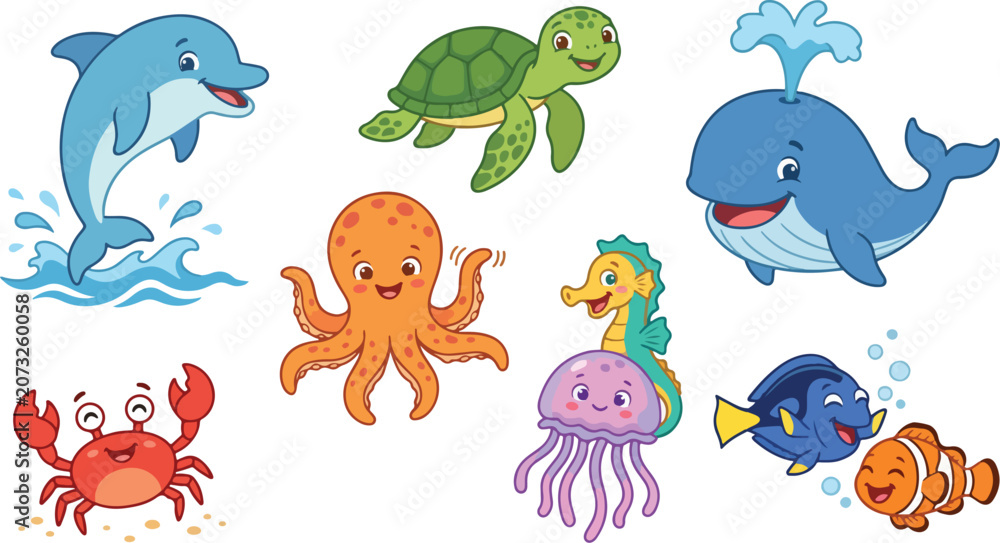 Fototapeta premium Collection of cute sea animal vector illustrations featuring a kawaii sea animal, ocean animal set, and marine life