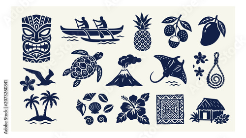 Foto Tropical Hawaiian vector icon set, traditional Polynesian culture and island tra