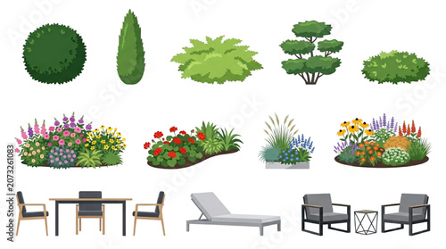 landscape garden plants shrubs flowering beds outdoor furniture elevation illustration vector set
