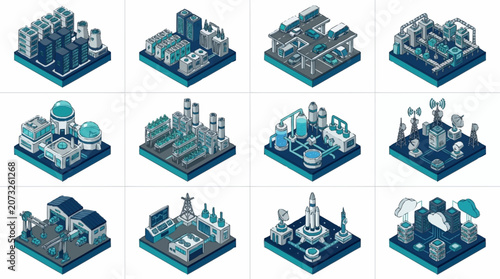 Isometric cityscape with futuristic buildings and infrastructure.