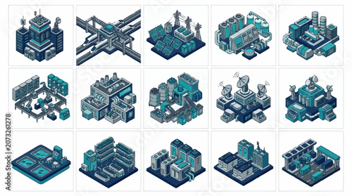 Isometric cityscape with modern buildings and infrastructure.