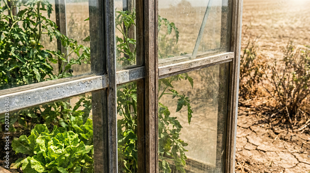 Fototapeta premium Greenhouse glass plant dry soil drought energy crisis agriculture environment nature sunlight garden farming growth leaf outdoor summer heat climate vegetable crop ecology field landscape natural
