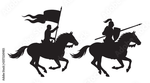 Photos Two Knights On Horseback With Flags And Spears Silhouette