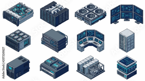 Collection of futuristic server racks and data center equipment.