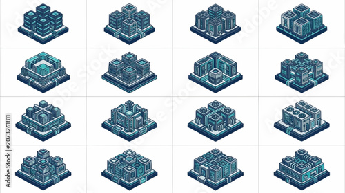 Isometric city buildings in futuristic style.