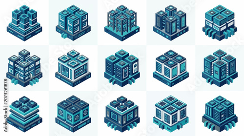 Isometric Pixel Art Buildings Collection in Blue Tones.