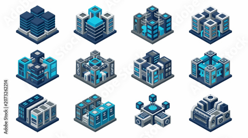 Isometric futuristic city buildings in blue and cyan tones.