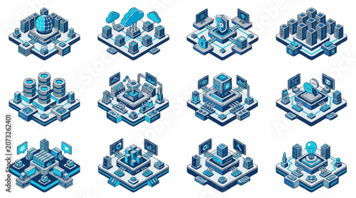 Isometric cityscape with modern technology buildings and data centers.