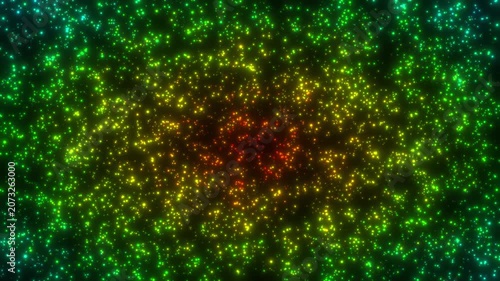 Colorful Starfield Background With Green, Yellow And Red Sparkling Particles, Abstract Cosmic Lights