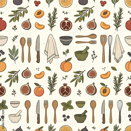 Fotografie Food and kitchen utensil seamless pattern.