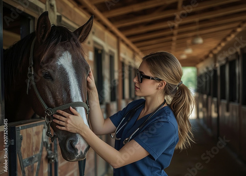 Veterinarian Examining a Horse in a Stable