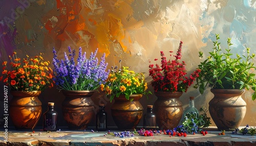 Vibrant flowers in terracotta pots arrangement.