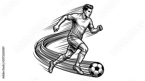 Fotografie Man Kicking Soccer Ball Fast Motion.