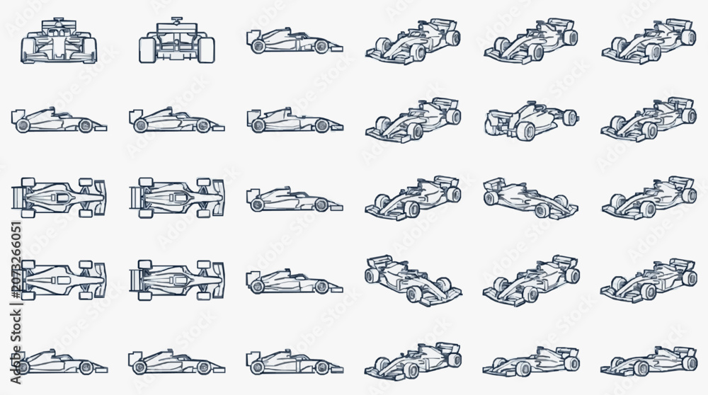 Obraz premium Minimalist Line Drawing Collection of Various Stylized Formula One Race Cars in Monochrome Blue and Black