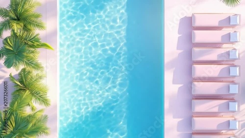 Aerial view of sunlit swimming pool with palm trees and pink sunbeds