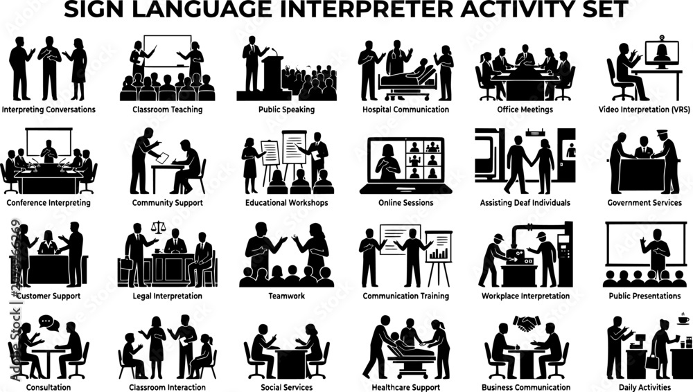 Obraz premium Sign Language Interpreter Silhouette Activity Set Inclusive Communication Editable Vector Collection