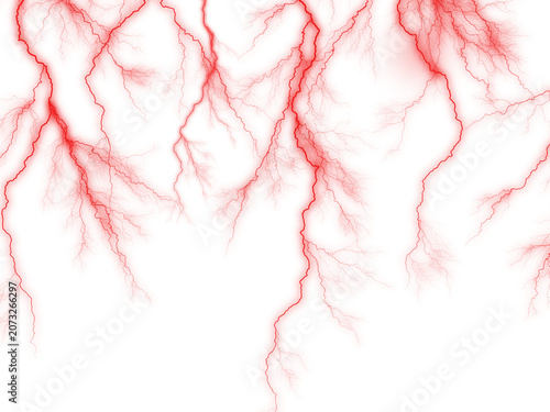 Red lightning bolts on white background, electric discharge effect with glowing veins, abstract energy strike pattern for creative design overlays