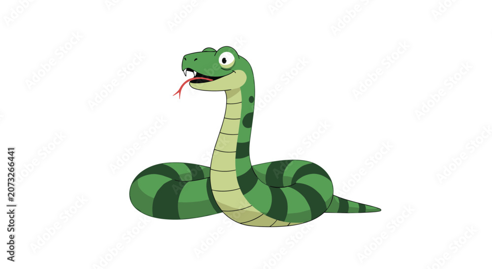 Obraz premium Long green snake with dark stripes and a flickering red tongue crawling across a plain white background in a cute cartoon style.