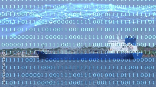 a cargo ship with a binary code animation overlay and a digital grid wave from nodes and lines, motion graphics overlay concept for the digitalization of shipping
