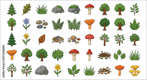 Konstfotografi Forest Elements Collection Trees Mushrooms Rocks And Foliage Vector Illustration