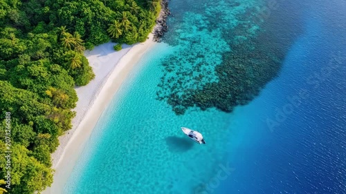 Stunning aerial view of tropical beach and turquoise waters with lush greenery