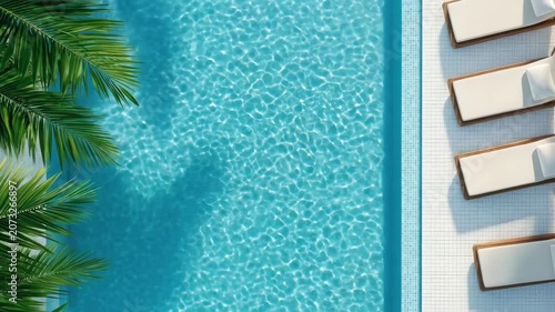 Aerial view of sunlit swimming pool with lounge chairs and palm fronds