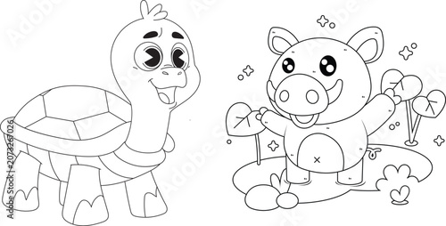 Vászonkép Cute Funny Baby Turtle Cartoon Character Playing with a Ball Vector Illustration
