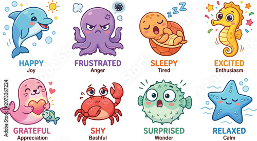 Cute sea animal emotions set featuring a happy dolphin, frustrated octopus, sleepy turtle, excited seahorse, grateful