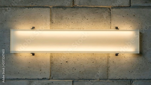 Blank backlit rectangular frosted glass sign illuminated by warm white LED glow, secured by  two small metal brackets, mounted to concrete wall background