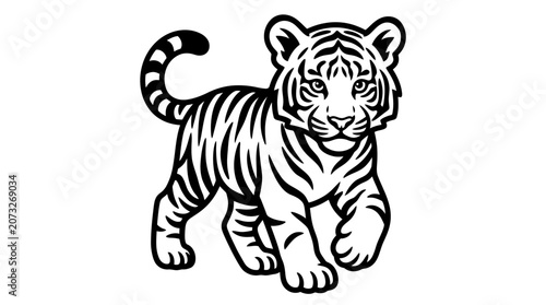 Cute Baby Tiger Cub Walking Forward Happily, Playful Cartoon Illustration on Isolated White Background