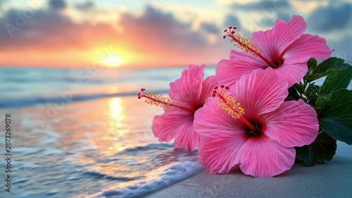 Vibrant pink hibiscus flowers on sandy beach at sunset with ocean waves and colorful sky