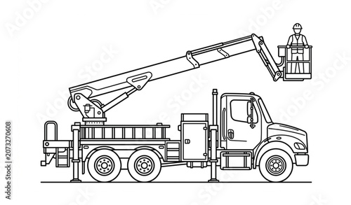 Crane Truck with Basket Line Art Vector Icon