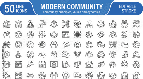 Modern community line icons set featuring society teamwork charity diversity family global values and connection vector