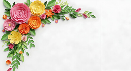 Floral paper art border background with colorful flowers colorful blooming