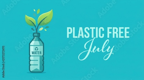 Plastic Free July environmental campaign banner, green plant growing from water bottle, eco friendly sustainability concept illustration