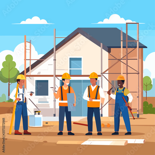 Une équipe d'ouvriers du bâtiment travaillant sur la construction d'une maison en plein jour.
