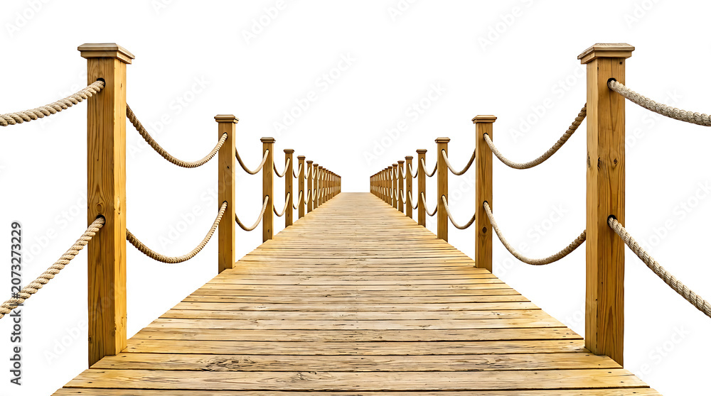 Naklejka premium Long wooden pier with rope railing isolated on white background