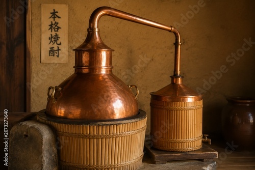 Polished copper and bamboo shochu pot still in warm rustic setting.
