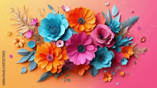 Colorful paper flowers on gradient background with vibrant blossoms