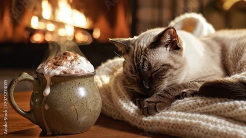 Cozy Fireplace Scene Sleeping Siamese Cat Beside Steaming Cocoa Mug On Chunky Knit Blanket, Warm Amber Glow From Hearth, Soft Fur, Relaxed Posture, Winter Evening Hygge Atmosphere, Marshmallow Topped