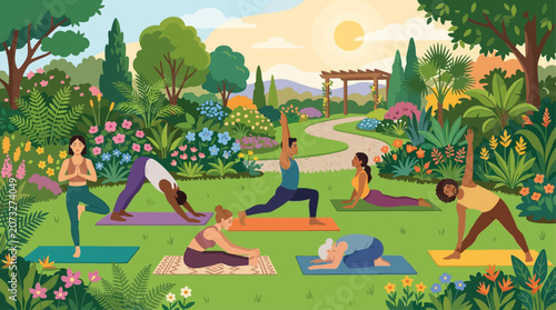 Groupe de personnes pratiquant le yoga dans un magnifique jardin verdoyant et ensoleillé.