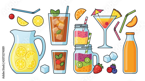 Ensemble d'illustrations vectorielles de cocktails rafraîchissants et de boissons estivales colorées.
