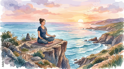 Une femme pratiquant la méditation sur une falaise surplombant l'océan au coucher du soleil.