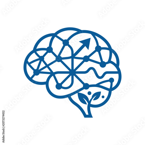 A blue digital brain icon with growth leaves and upward arrow