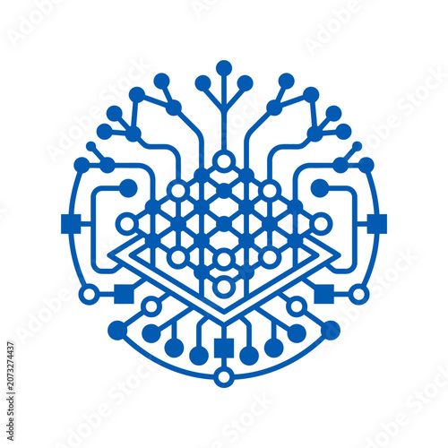 A blue digital circuit board icon on a clean white background