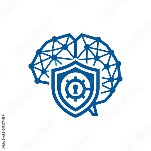 A blue digital brain icon with a protective shield symbol inside